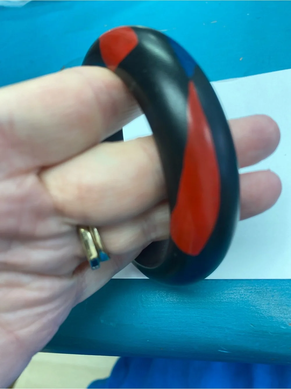 Vintage Black Resin Bangle Bracelet with Red and Blue Inlay